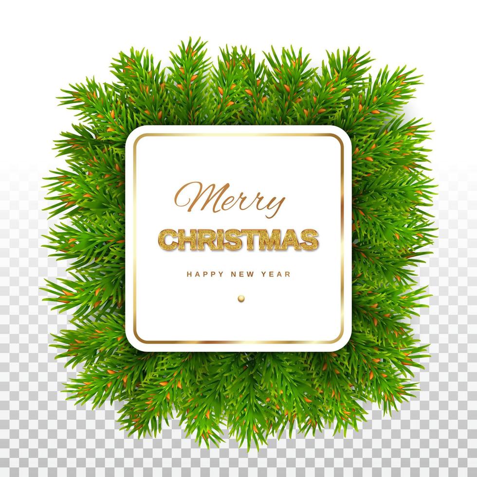 Christmas square card with frame with fir branches. New Year's mockup for cards, banners, invitations, and posters. Isolated on transparent background. Vector illustration.