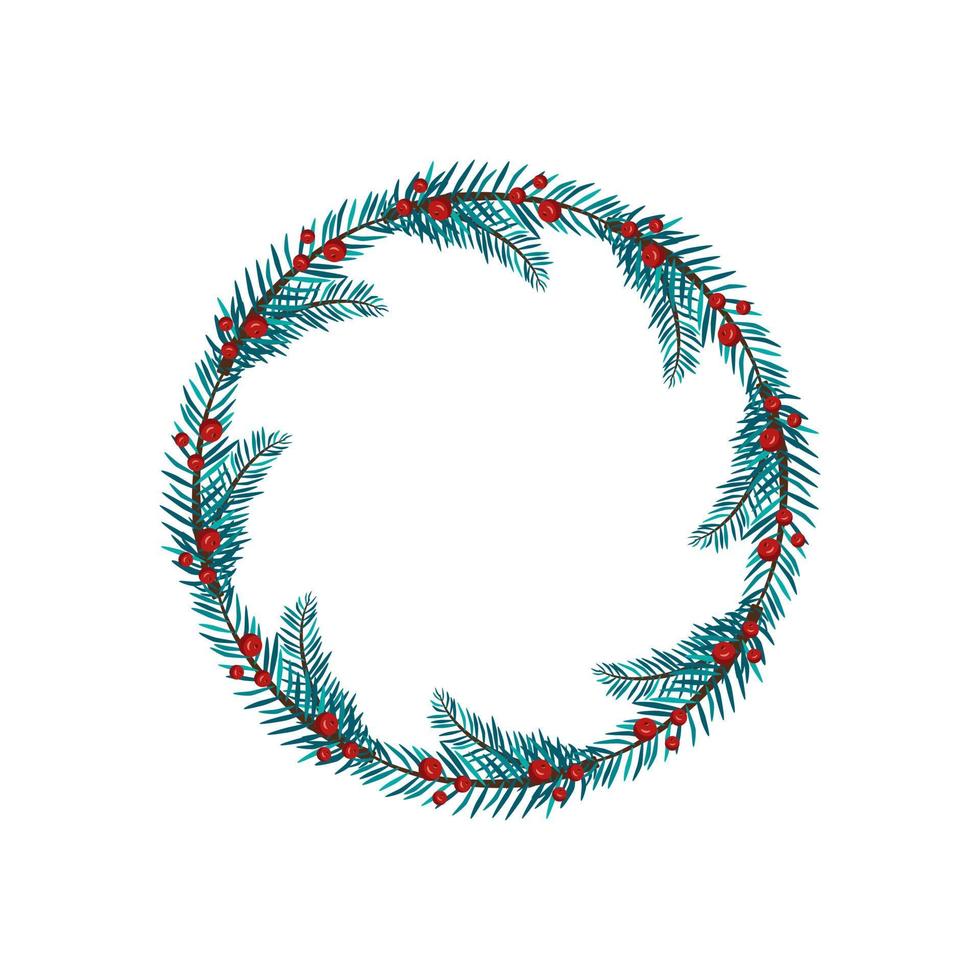 Round Christmas frame from fir branches and red berries. Festive decoration for New Year and winter holidays vector