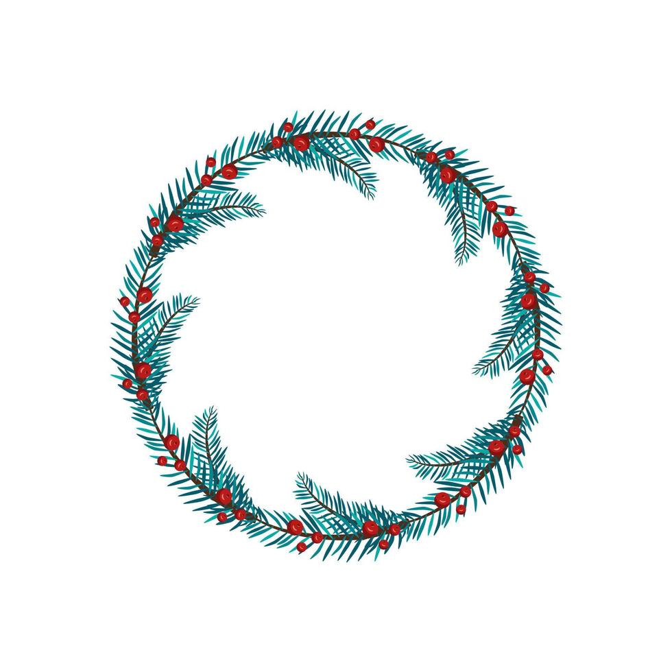 Round Christmas frame from fir branches and red berries. Festive decoration for New Year and winter holidays vector