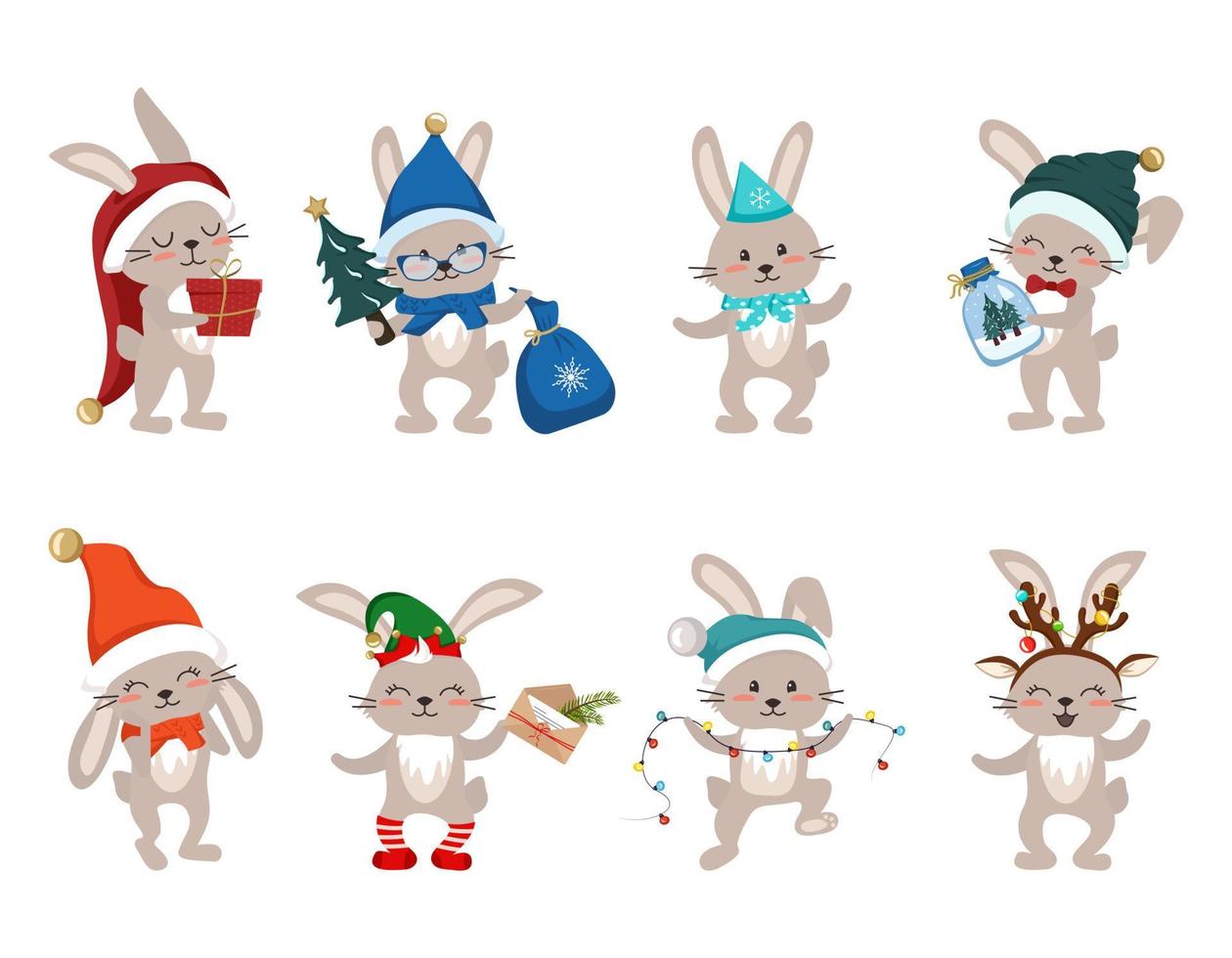 Set of cute rabbit or hare with Santa hat, scarf and bow, with gift, garland and Christmas tree. Festive funny animals for New Year and Christmas. Vector flat illustration