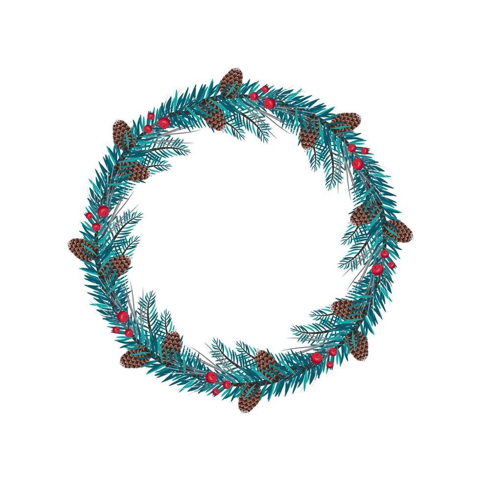 Round Christmas frame from fir branches with blue needles, red berries and cones. Festive decoration for New Year and winter holidays vector
