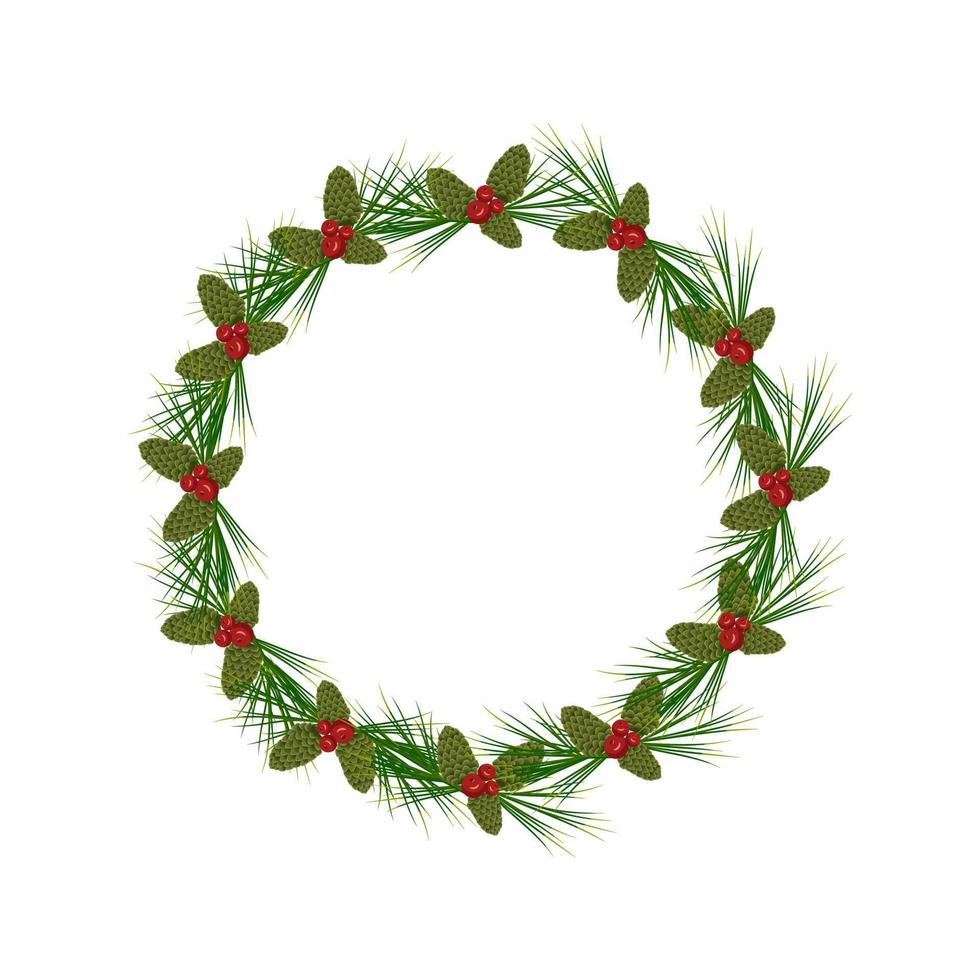 Round Christmas frame of fir and pine branches, long coniferous needles and cones with red berries. Festive decoration for the New Year and winter holidays vector
