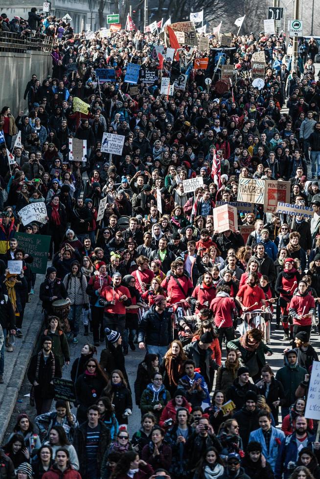 MONTREAL, CANADA APRIL 02 2015 - Top View of the Protesters Walking in the Packed Streets photo