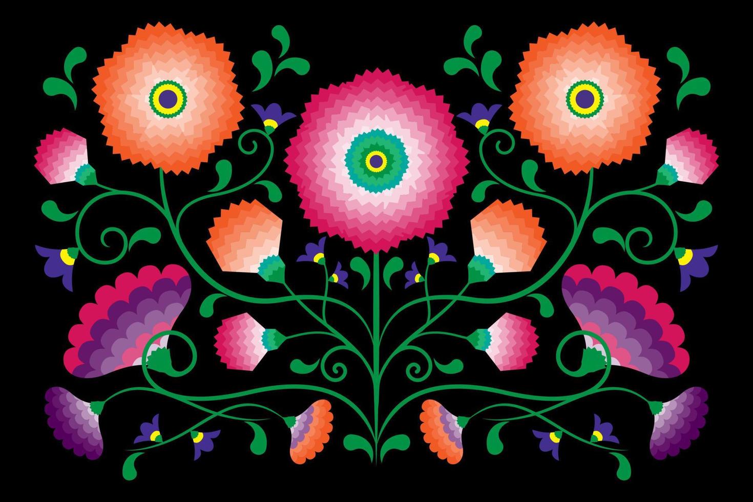 Embroidery native flowers folk pattern with Polish and Mexican influence. Trendy ethnic decorative traditional floral in symmetric design, for fashion, interior, stationery. Vector isolated on black