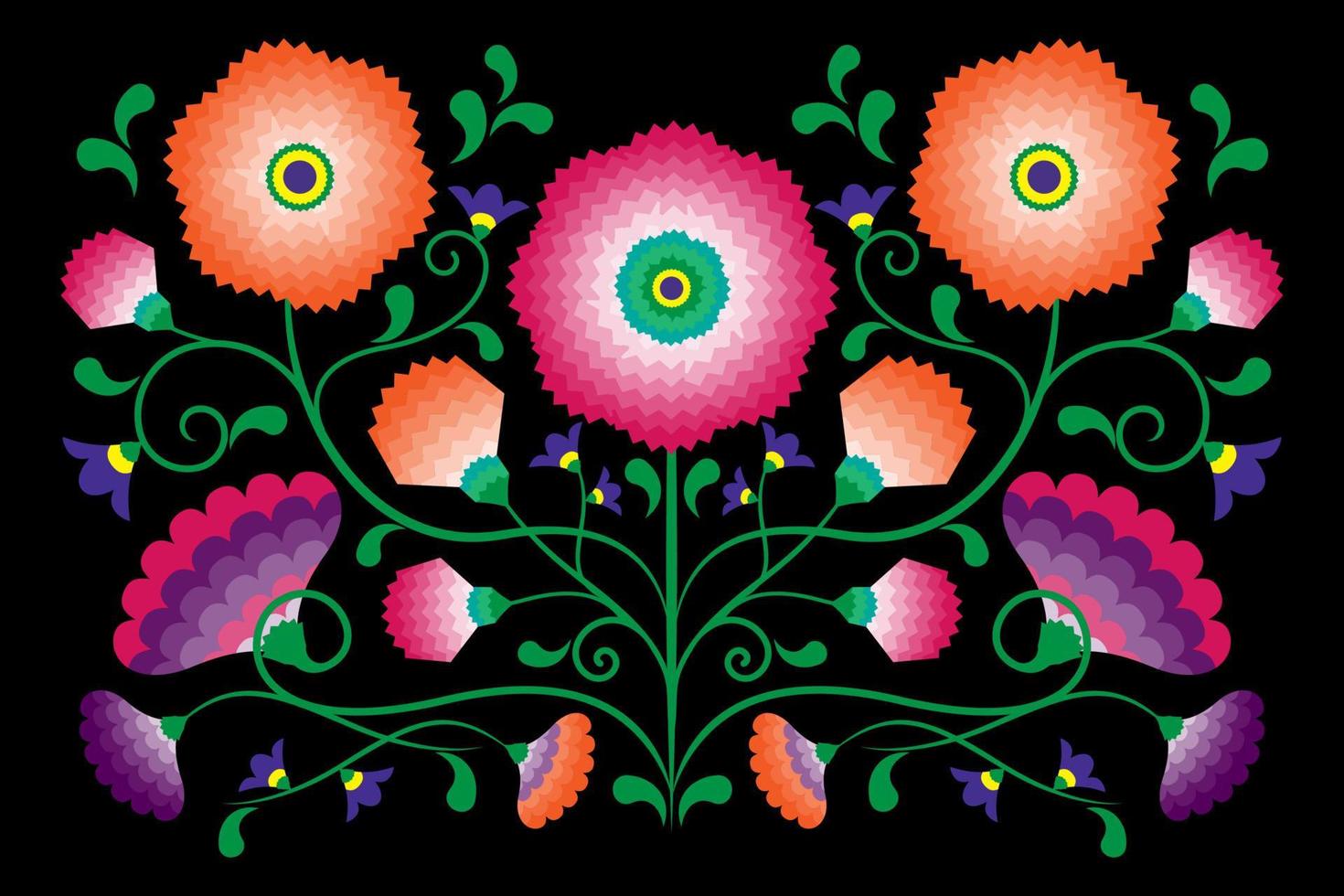 bordado de flores nativas patrón folclórico con influencia polaca y mexicana. floral tradicional decorativo étnico de moda en diseño simétrico, para moda, interior, papelería. vector aislado en negro