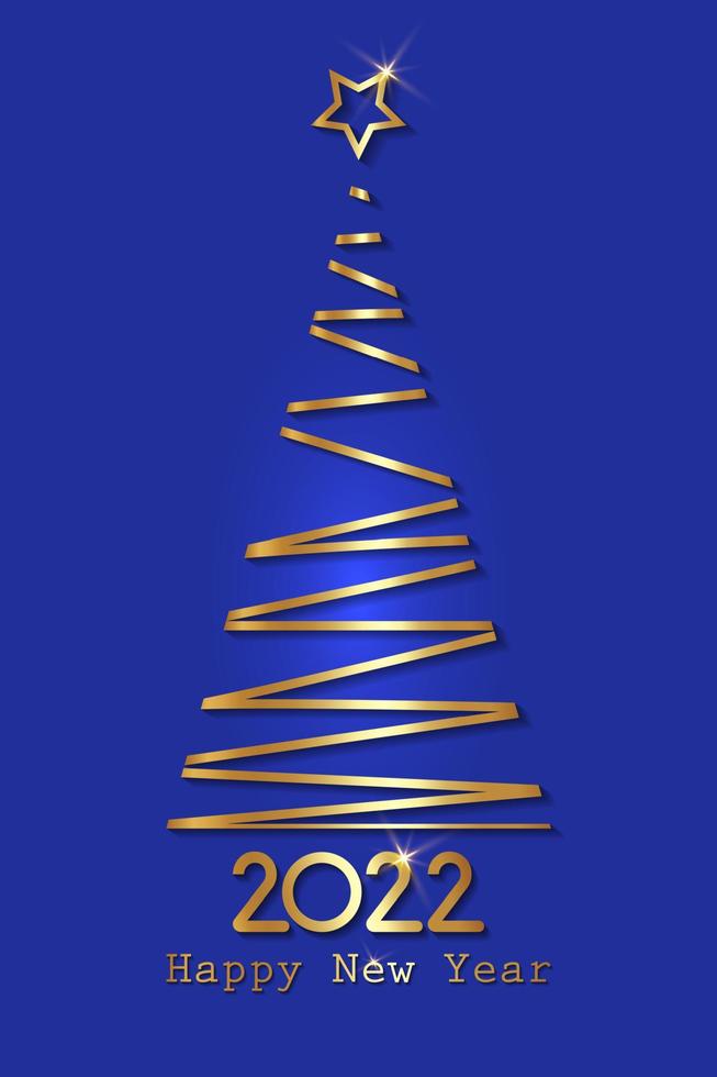 Gold stylized Christmas tree, 2022 New Year, golden luxury logo icon festive, vector isolated on blue background