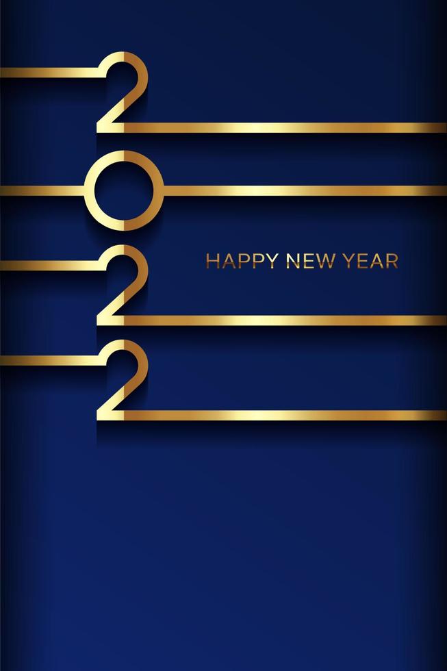 Tarjeta de feliz año nuevo dorado 2022 con líneas de textura de degradado de lámina premium, fondo oscuro. diseño de lujo festivo para tarjeta navideña, invitación, cartel de calendario. 2022 año nuevo texto dorado en azul vector