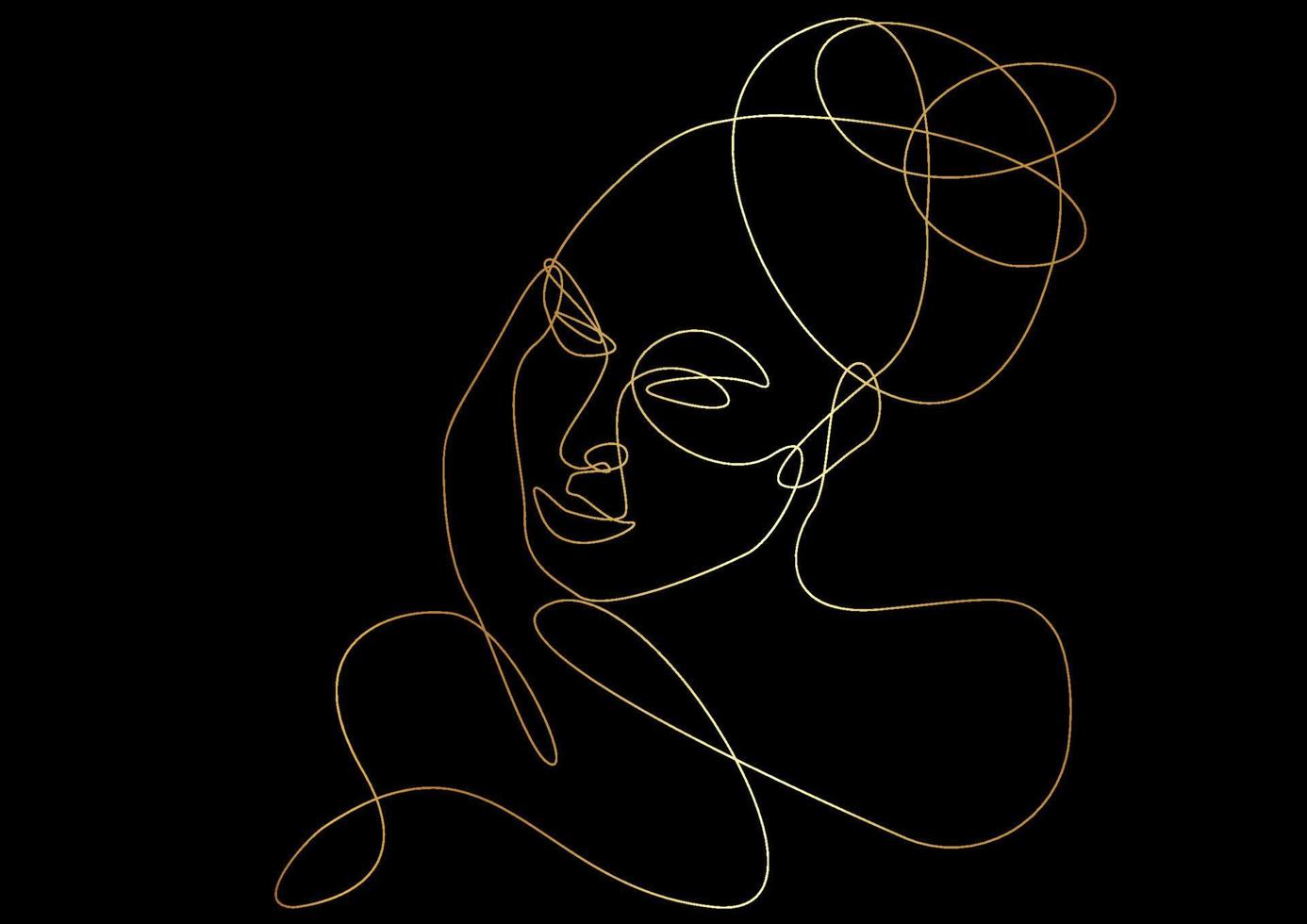 Gold Abstract woman face one line vector drawing. Portrait minimalistic style. hairstyle print. Nature symbol of cosmetics. Modern continuous line art. Fashion print. Beauty salon, black backgroun