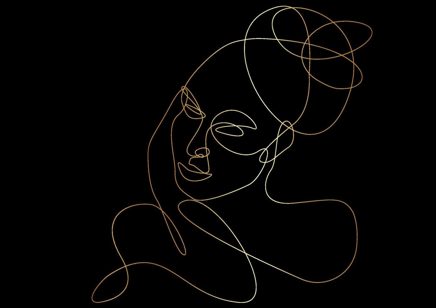 Dibujo vectorial de una línea de cara de mujer abstracta de oro. retrato estilo minimalista. impresión de peinado. símbolo de la naturaleza de los cosméticos. arte moderno de línea continua. impresión de moda. salón de belleza, fondo negro vector