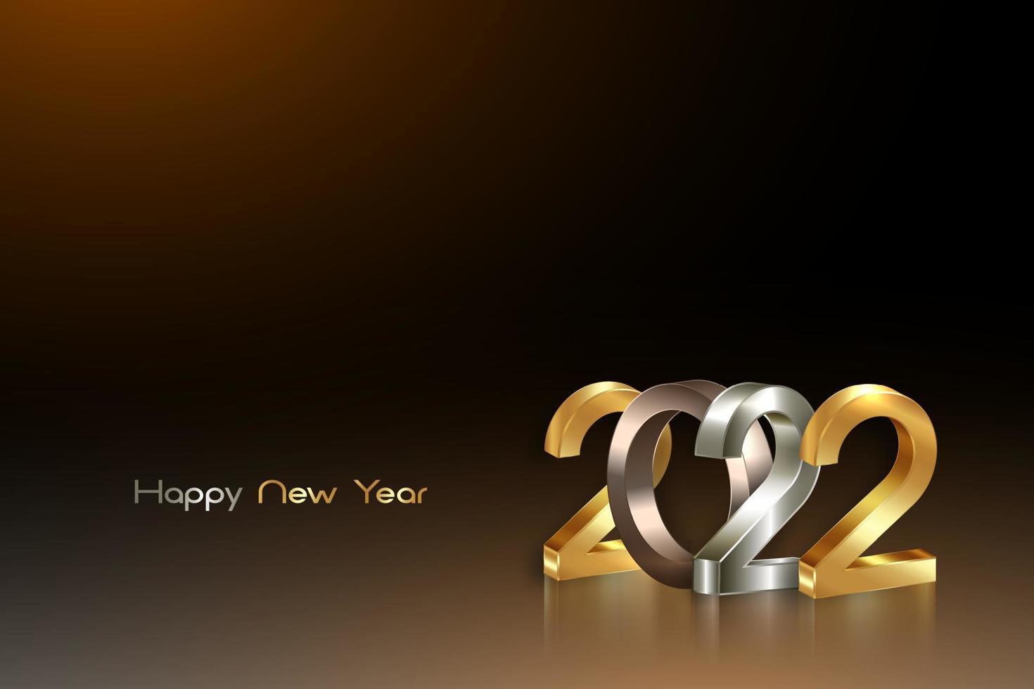 2022 golden, bronze and silver bold letters. New Year 3D logo for Holiday greeting card. Vector illustration isolated on dark background, eve fashion luxury template