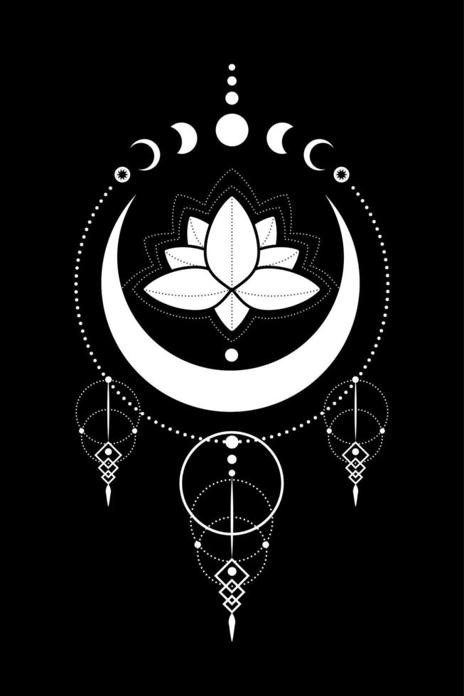 Mystical Moon Phases, Lotus Flower, Sacred geometry. Triple moon, half moon pagan Wiccan goddess symbol, silhouette wicca banner sign, energy circle, boho style vector isolated on black background