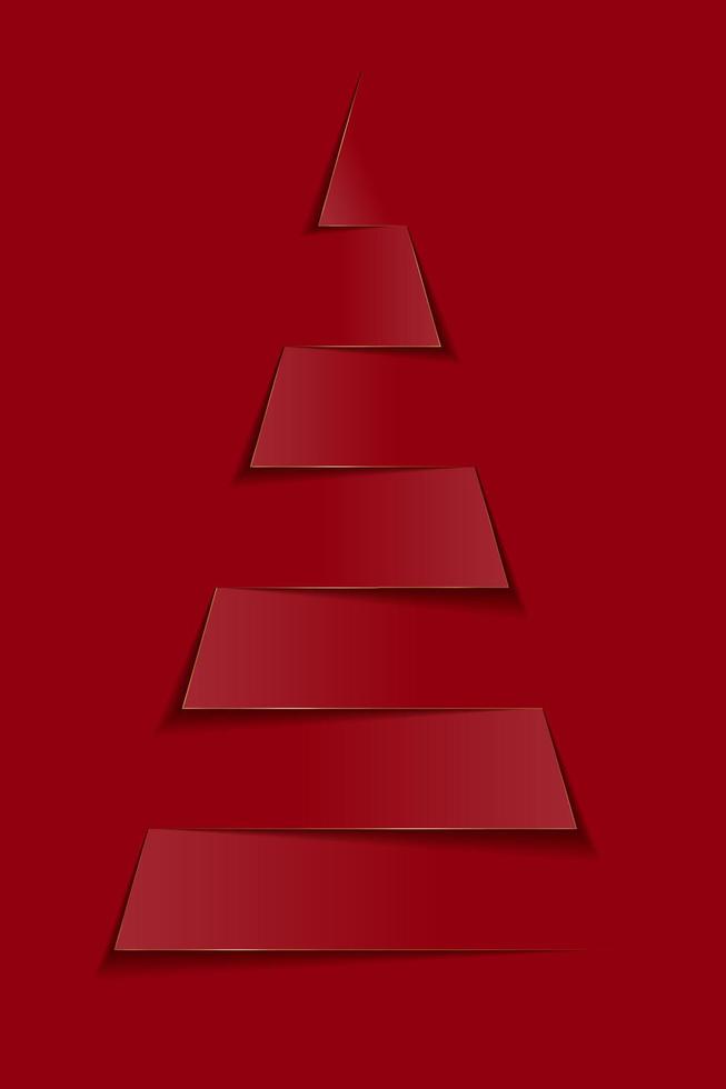 árbol de navidad de papel. vector tarjeta de año nuevo en estilo de corte de papel y borde dorado, fondo rojo