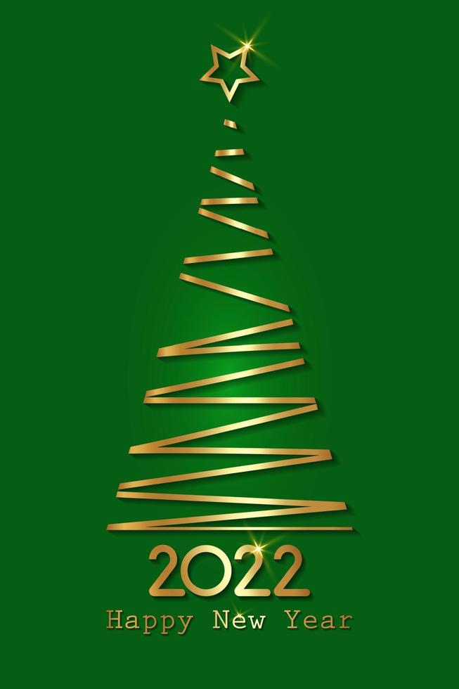Gold stylized Christmas tree, 2022 New Year, golden luxury logo icon festive, vector isolated on green background