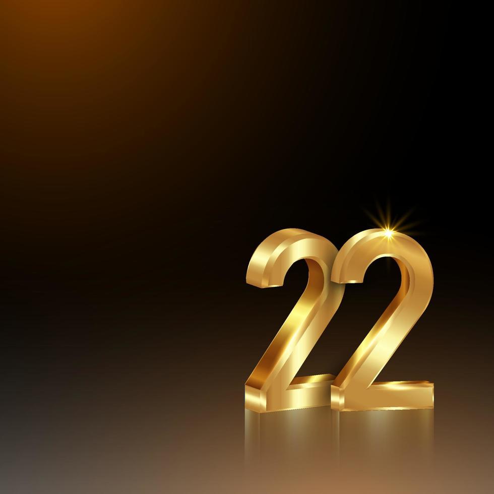 22 golden 3D numbers, 2022 Happy New Year. Square banner. Holiday design for greeting card, anniversary, birthday, invitation, calendar, party, gold luxury vip, vector isolated on black background