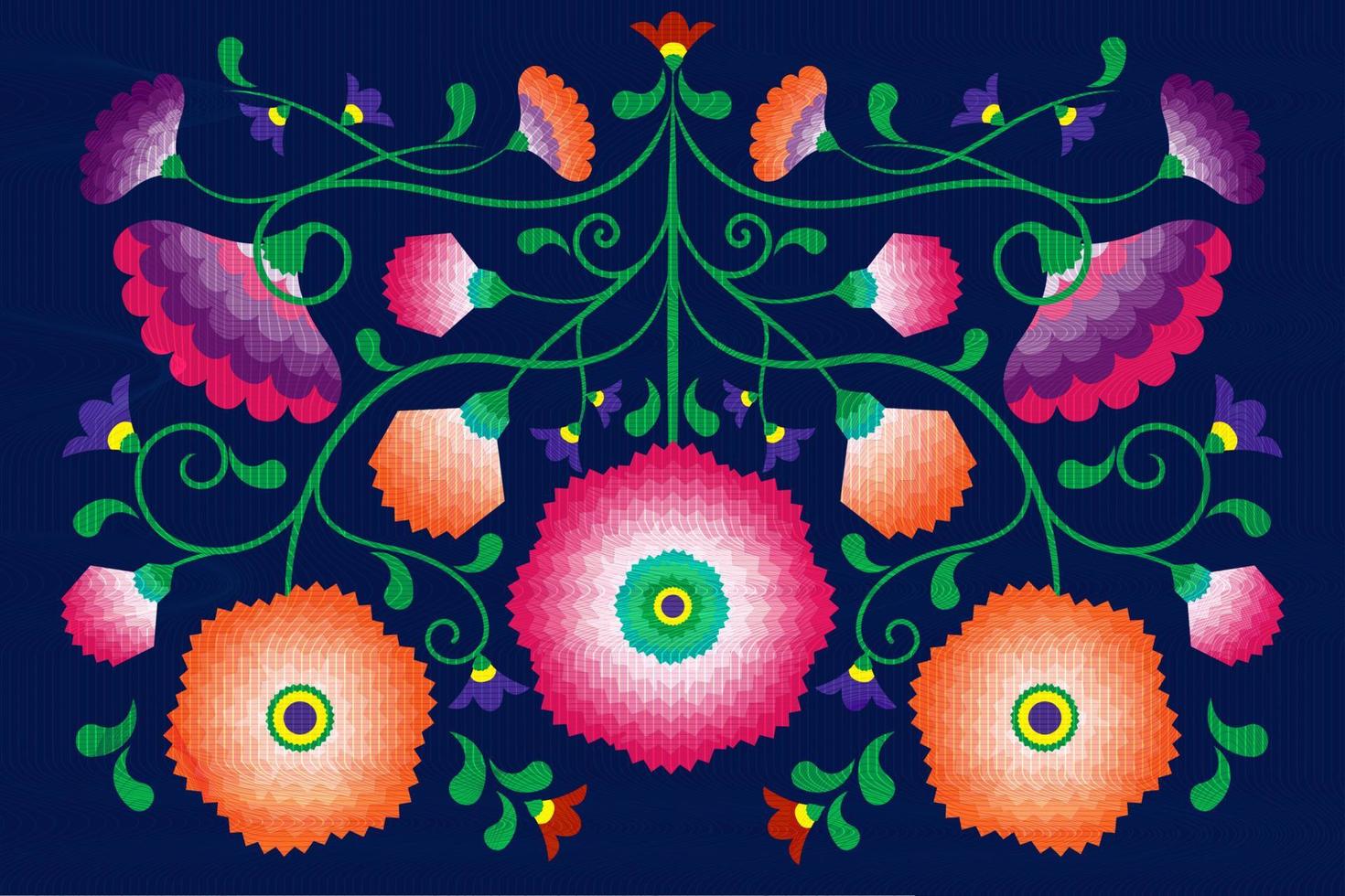 Embroidery native flowers folk pattern with Polish and Mexican influence. Trendy ethnic decorative traditional floral in symmetric design, for fashion, interior, stationery. Vector isolated on blue