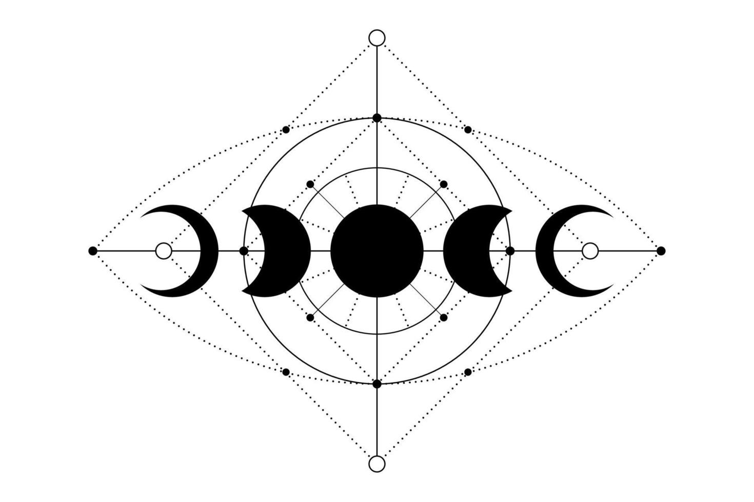 Iconos de fases de luna mágica celestial, geometría sagrada, concepto místico del ojo de la providencia, ojo que todo lo ve de la alquimia, tatuaje de logotipo negro, vector de estilo boho isoalted sobre fondo blanco