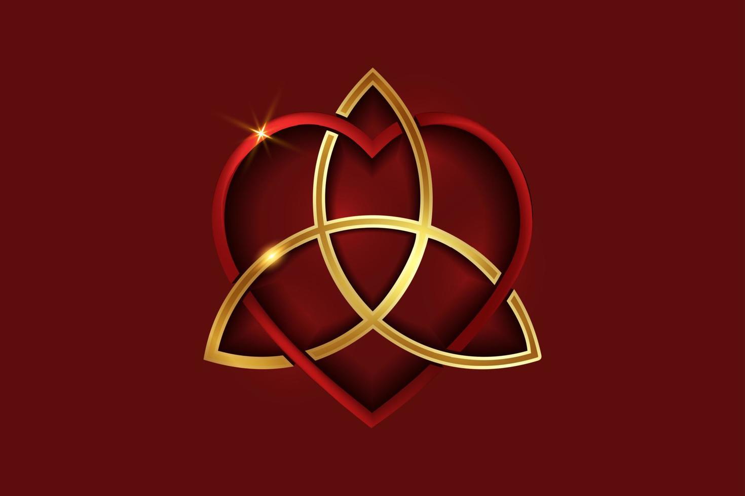 Celtic love knot, intertwined red heart shape and golden Triquetra, Everlasting Love symbol knot. Logo icon Valentines day concept, gold vector tattoo isolated on red background