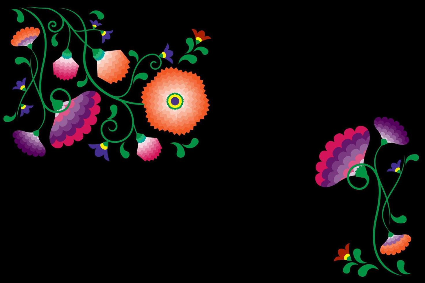 bordado de flores nativas patrón folclórico con influencia polaca y mexicana. floral tradicional decorativo étnico de moda en diseño simétrico, para moda, interior, papelería. vector aislado en negro