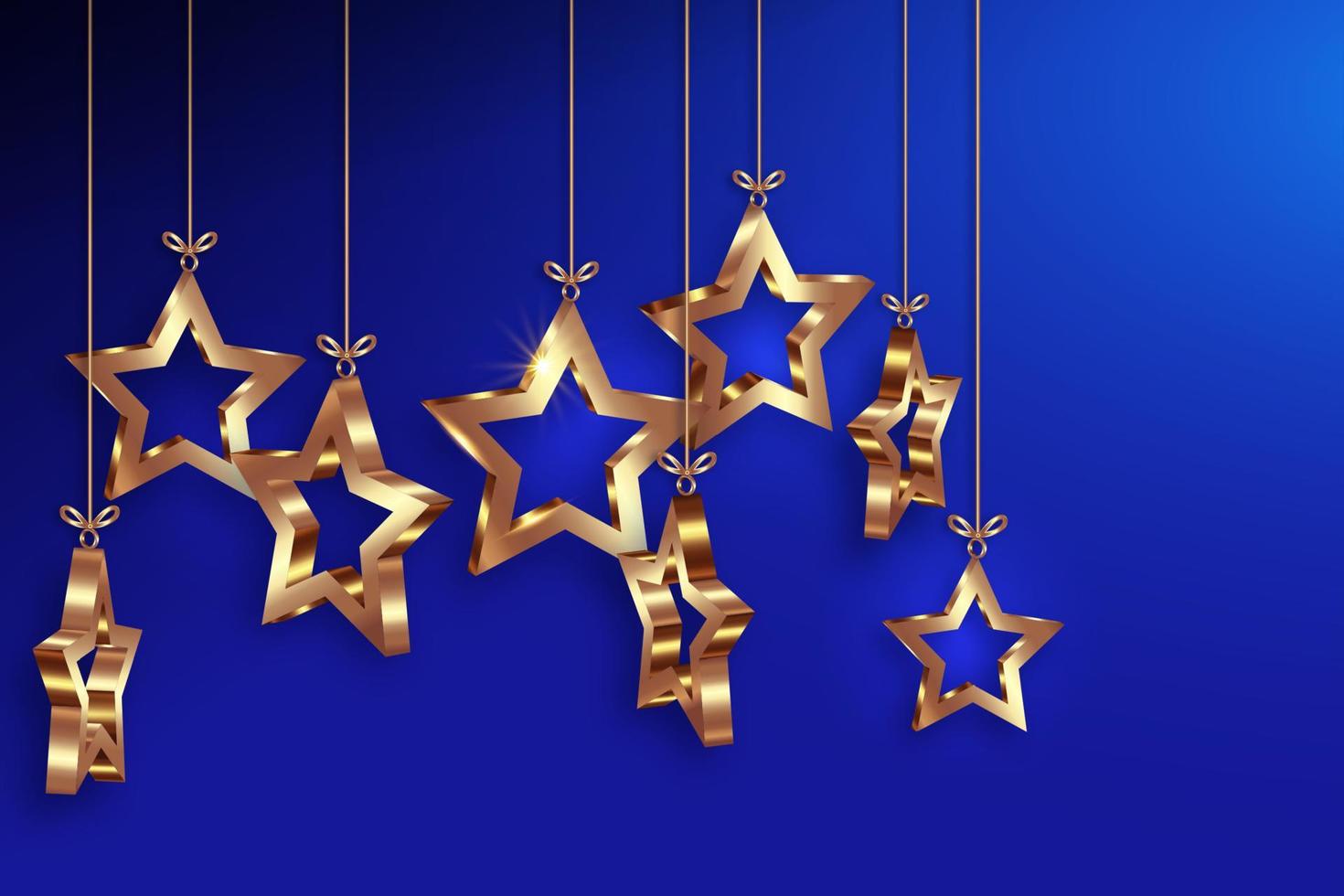Christmas balls in 3D stars shape, Christmas luxury holiday banner with set gold star, Merry Christmas and Happy New Year greeting card. Golden luxury Vector illustration isolated on blue background
