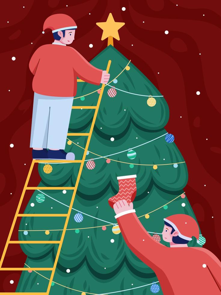 People decorate a Christmas tree together to celebrate Christmas Day. A group of people preparing for Christmas day. Can use for Greeting card, postcard, invitation, print, web, banner, poster. vector