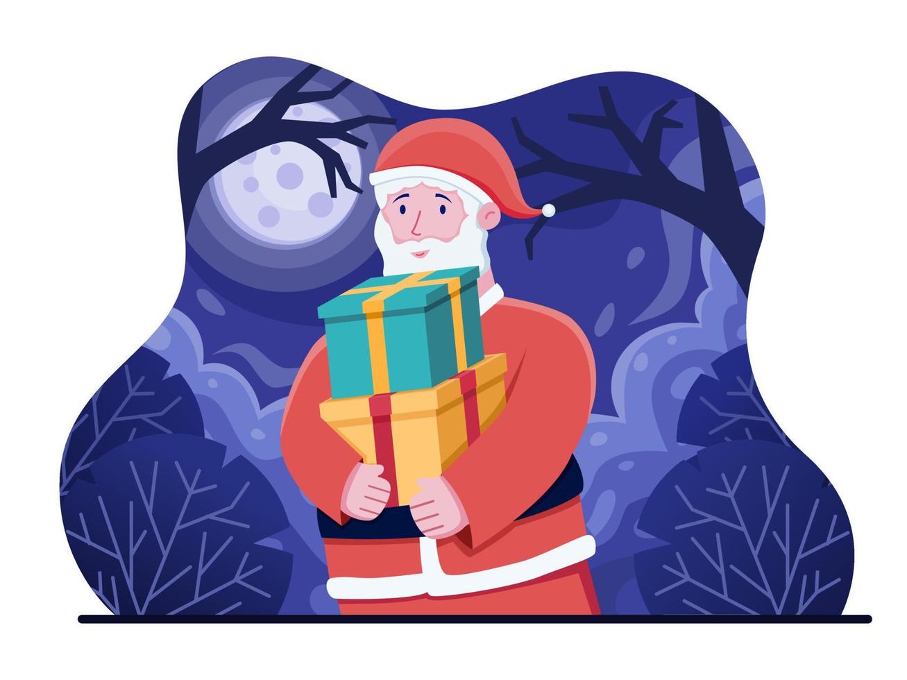 santa claus trae regalos de navidad a los niños. santa trae muchos regalos navideños para entregar a los niños. se puede utilizar para tarjetas postales, web, tarjetas de felicitación, invitaciones, web, carteles, pancartas, impresiones, etc. vector