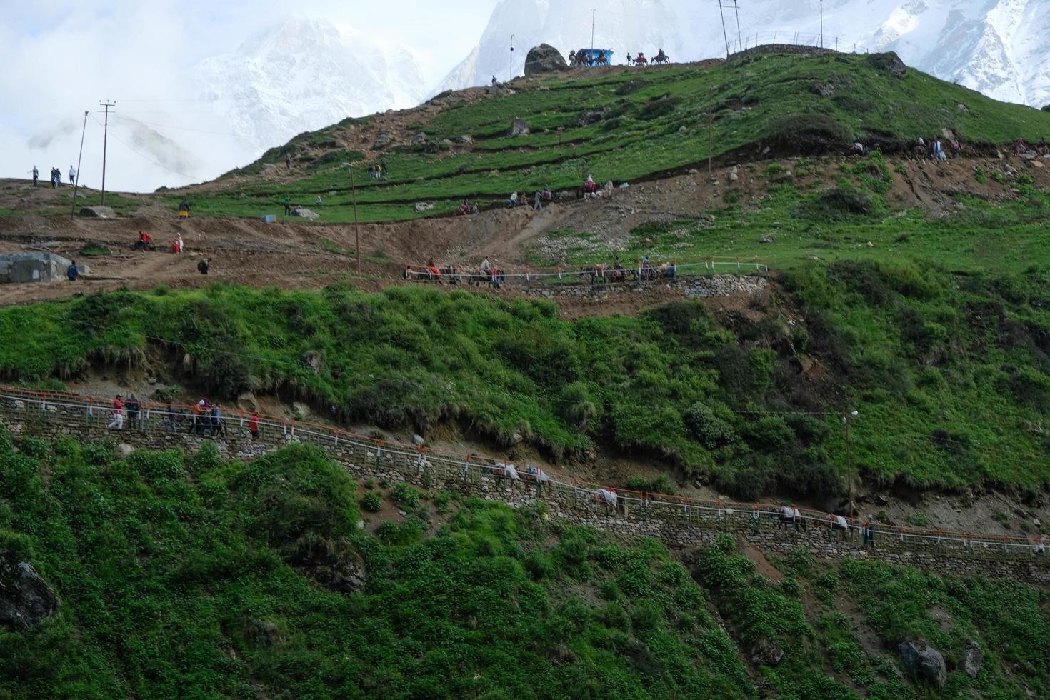 Lush Greenery Covered Mountainside of Himalayas and Springs of Glacial Water. photo