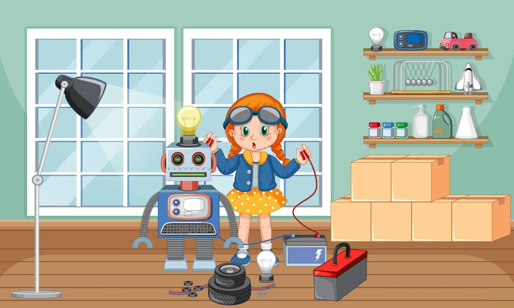 A girl fixing a robot together in the room scene vector