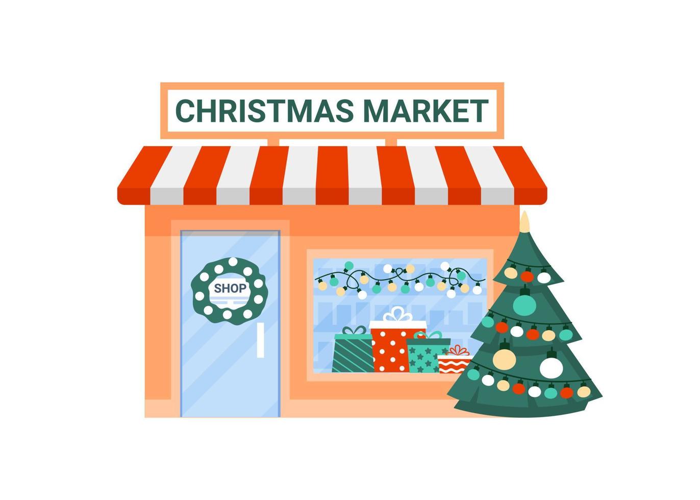 Christmas shop, fair, market, exterior shop in small house. Showcase, kiosks with commerce retail on xmas and new year. Purchase holiday gift. Vector flat illustration