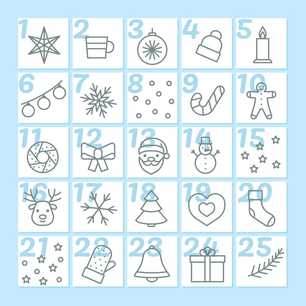 Advent calendar with numbers December and line signs Christmas. Creative holiday winter decoration. Days month December before Christmas. Vector illustration
