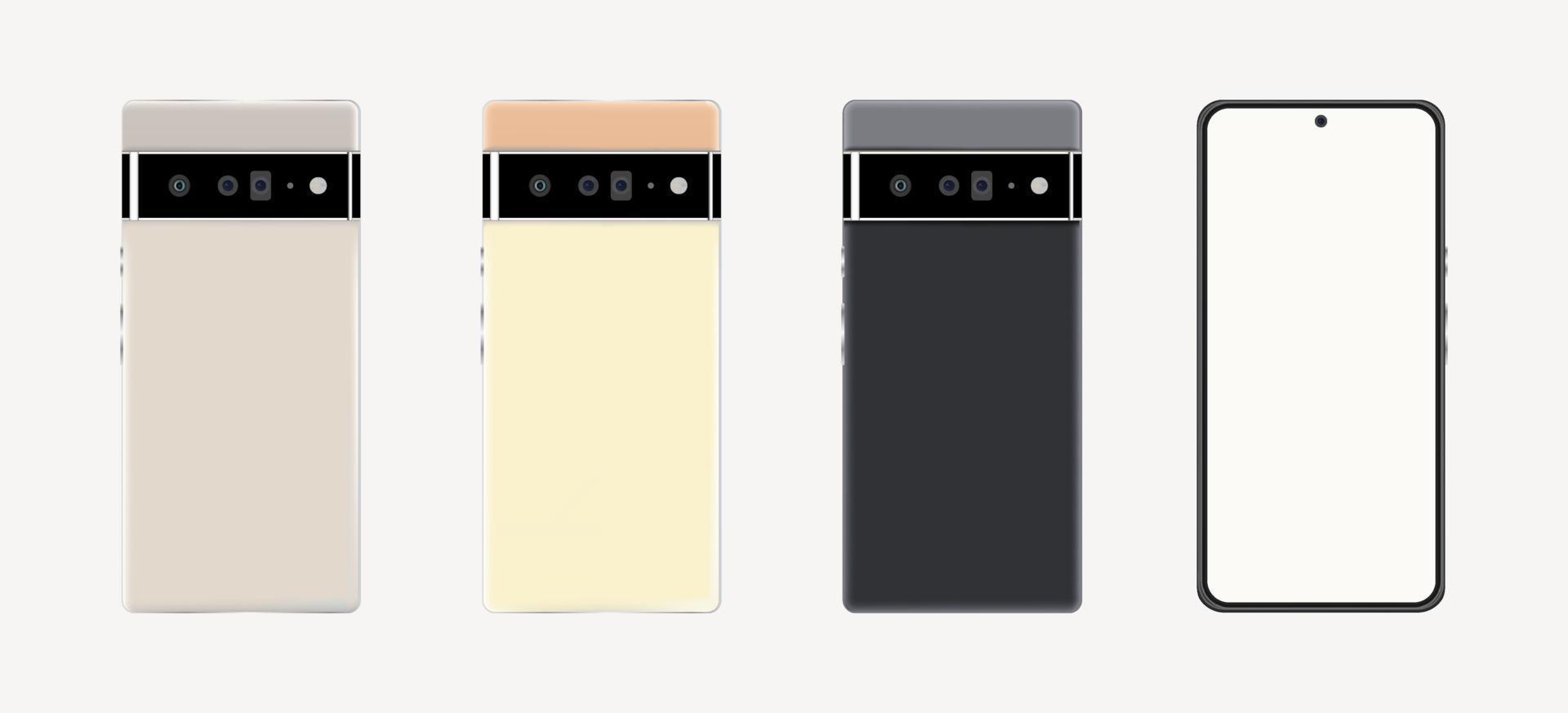 vector de conjunto de dispositivos móviles de google pixel con marcos de colores y una cámara triple. Vista posterior y frontal del teléfono móvil con pantallas en blanco. teléfono celular realista, marco, triple cámara, móvil.