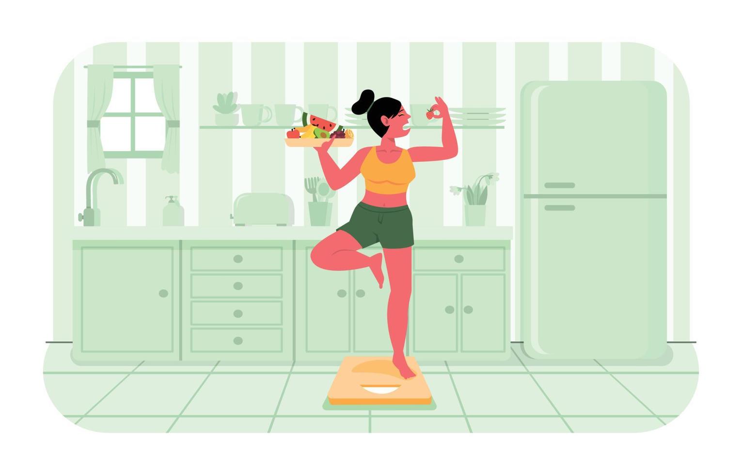 mujer haciendo dieta en la cocina vector