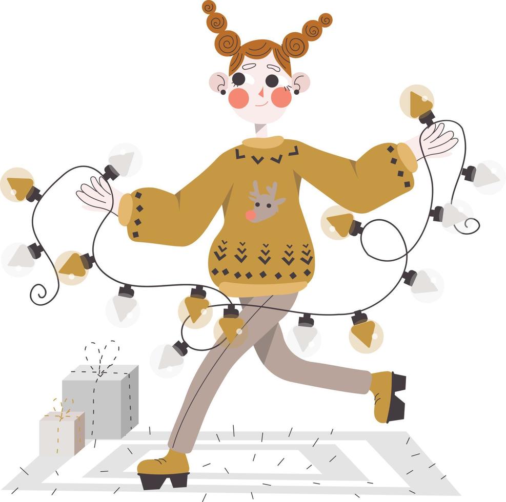 Woman decorates the Christmas tree vector