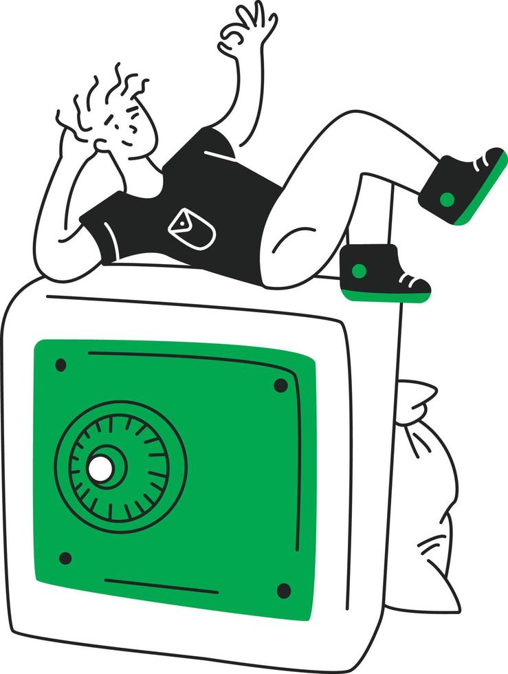 Man lies on a safe with money vector