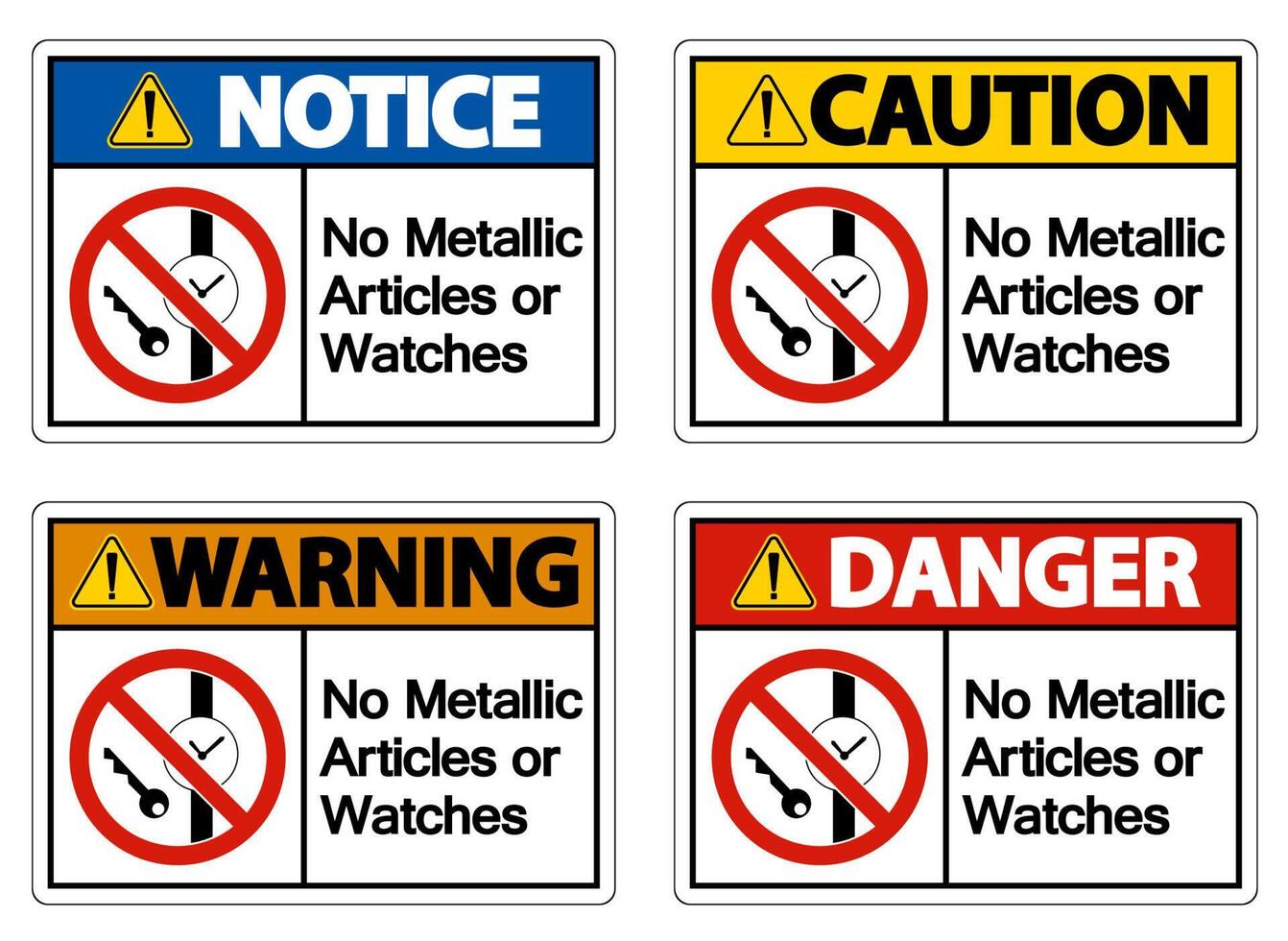 Caution No Metallic Articles Or Watches Symbol Sign On White Background vector