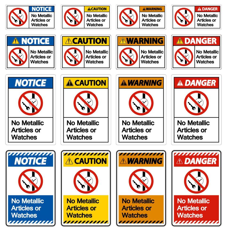 Caution No Metallic Articles Or Watches Symbol Sign On White Background vector