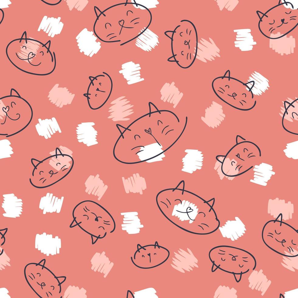 Doodle seamless pattern of kitty faces and spots. vector