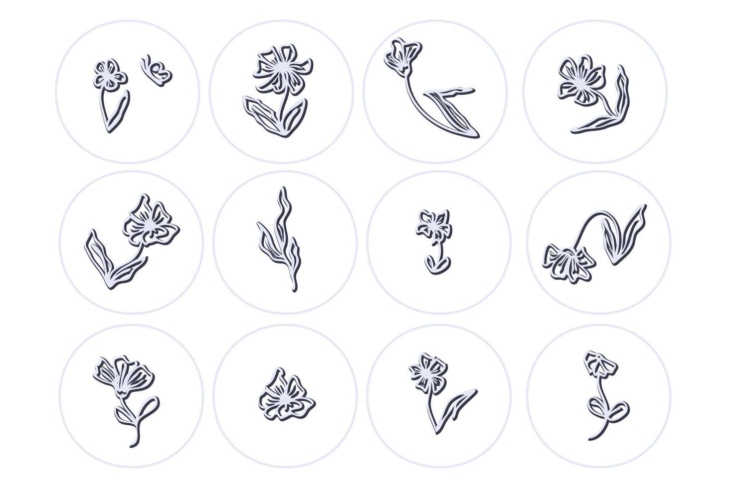 Silver metal story highlight flowers and leaves icons set. vector