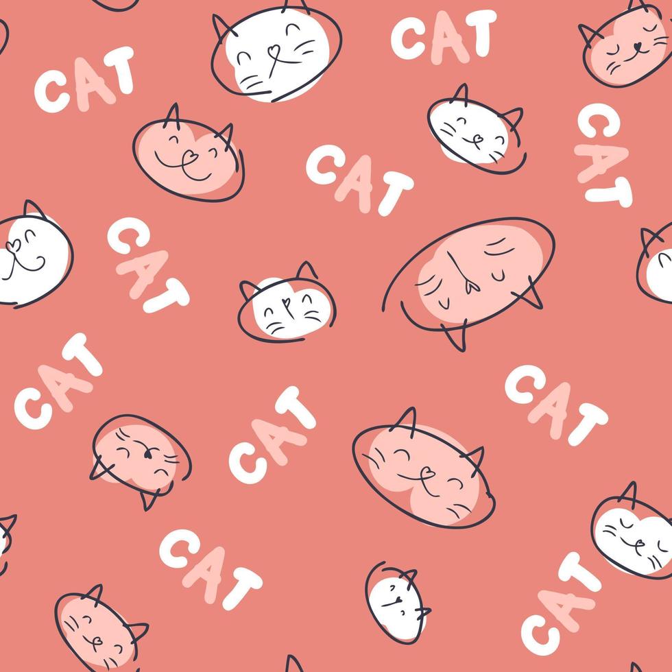 Doodle seamless pattern of kitty faces and text CAT. vector