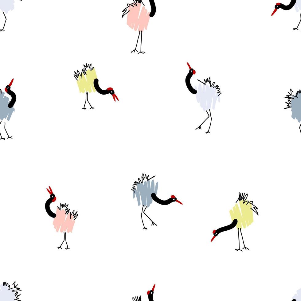 Doodle seamless pattern with red crowned cranes. vector