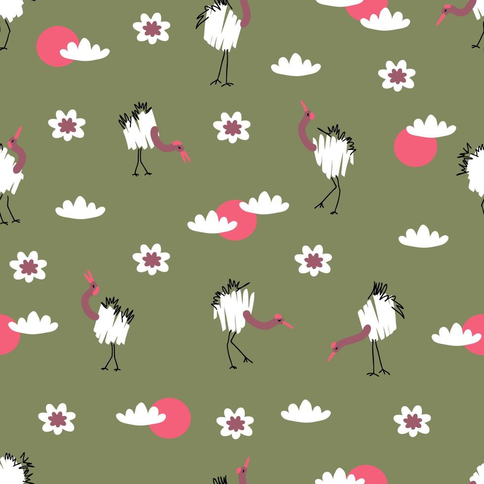 Doodle seamless pattern with cranes and lotus flowers. vector
