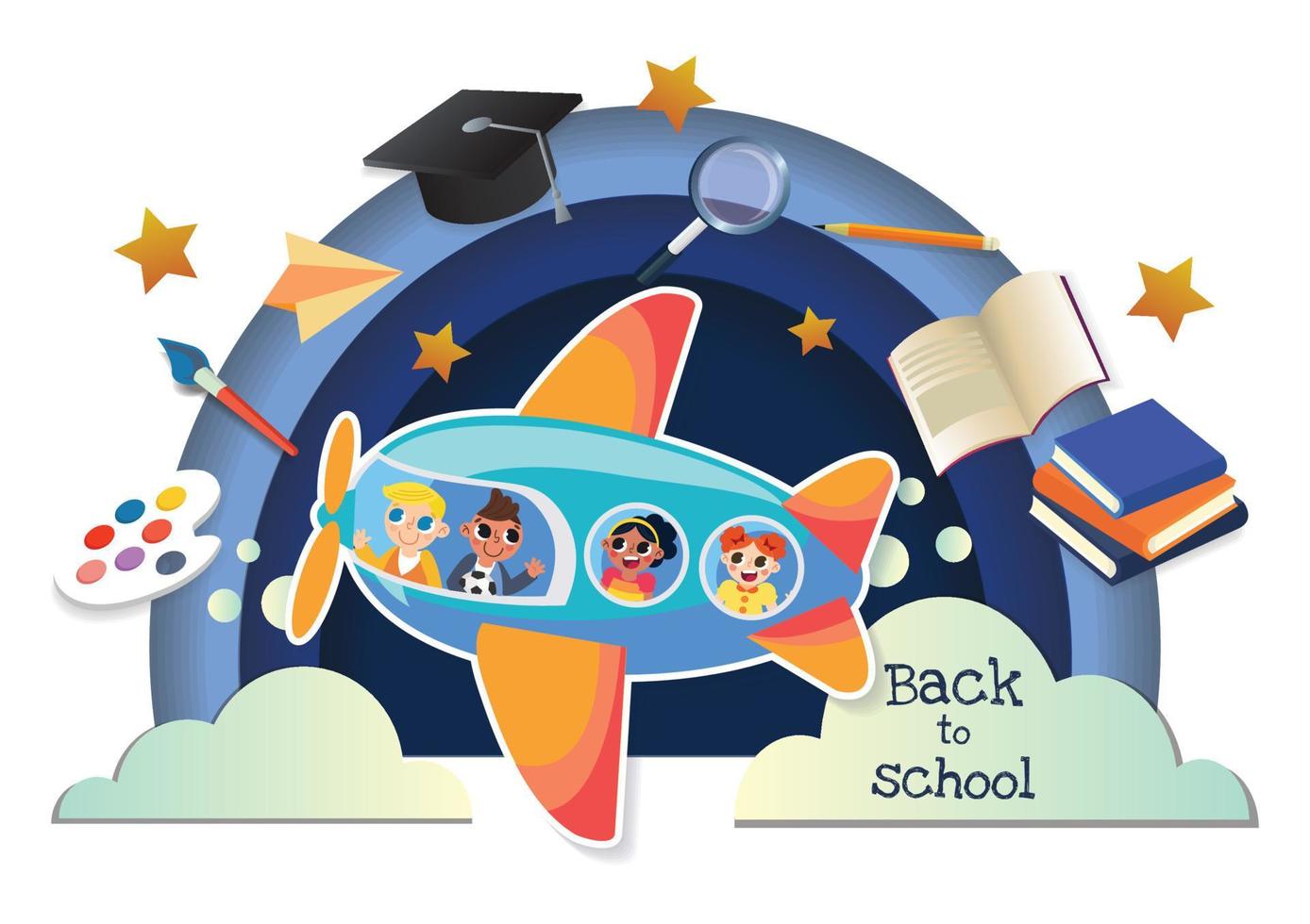 cute kids character and stationery back to school banner vector