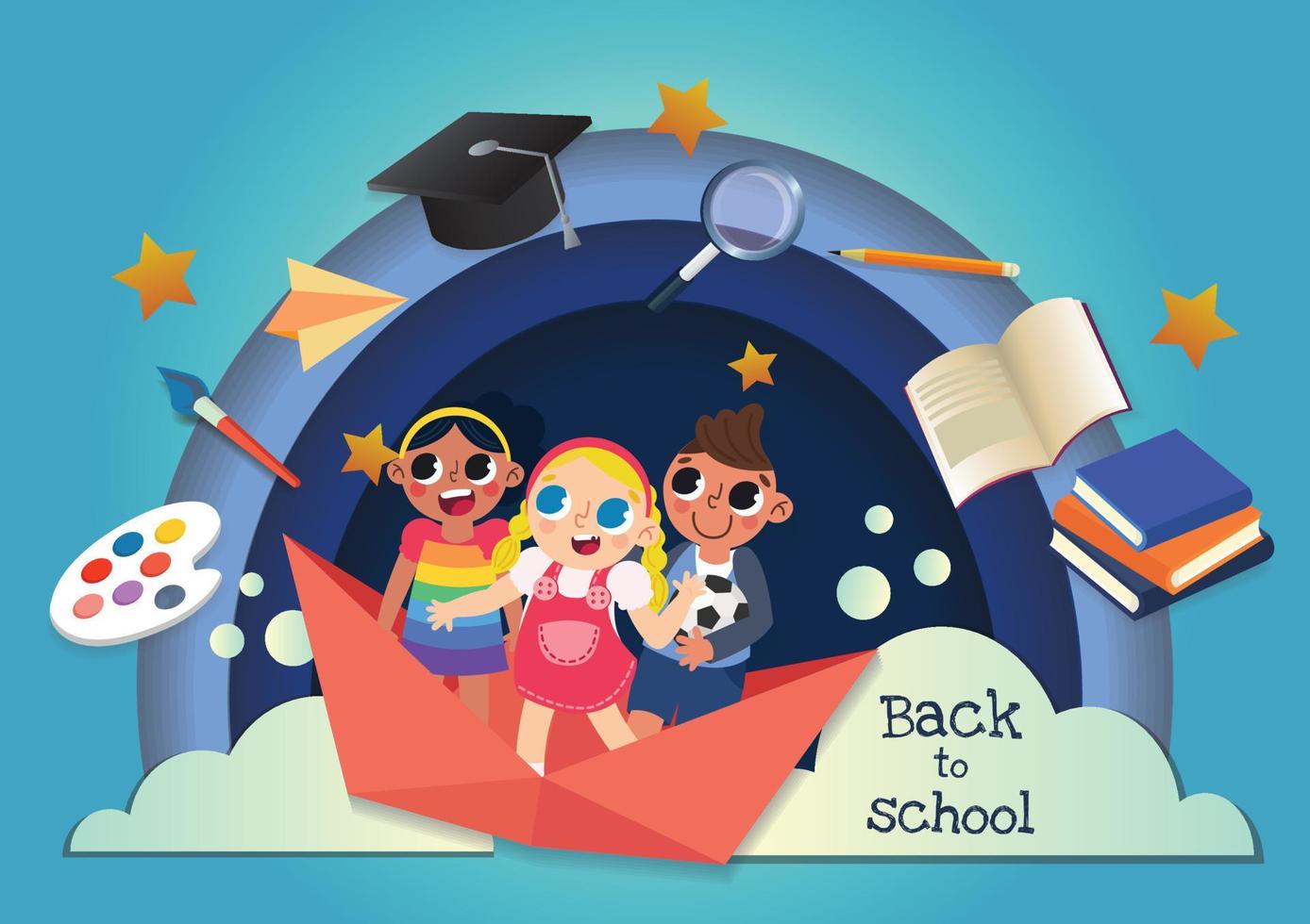cute kids character and stationery back to school banner vector
