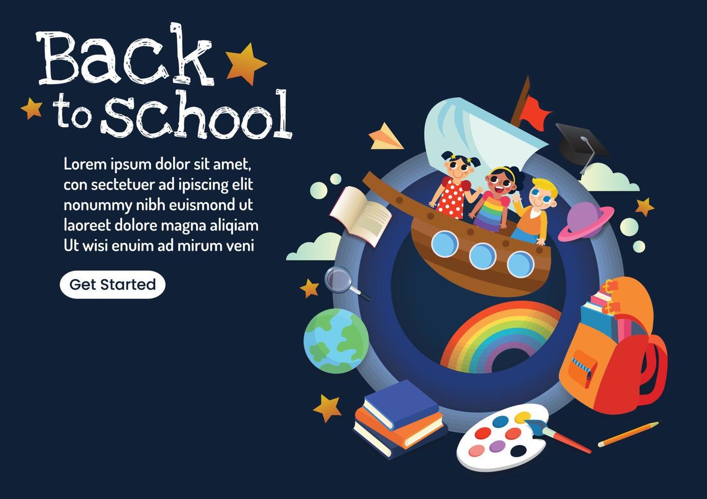 Lindo personaje de niños de regreso a la escuela vector de diseño de banner