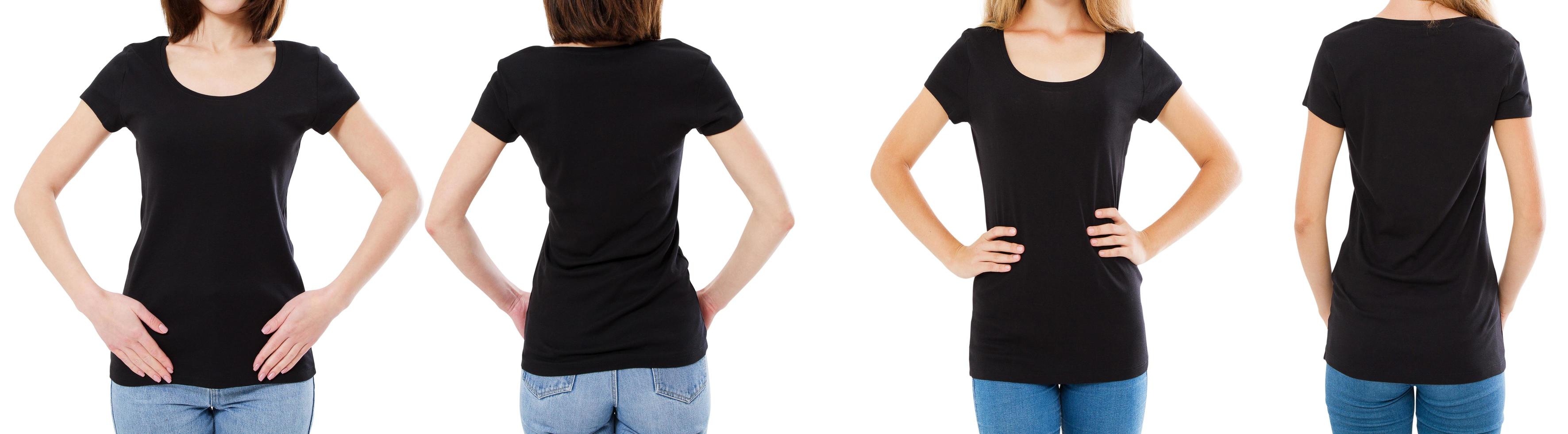 Two woman in black t-shirt  cropped image front and rear view, t-shirt set, mockup tshirt blank photo