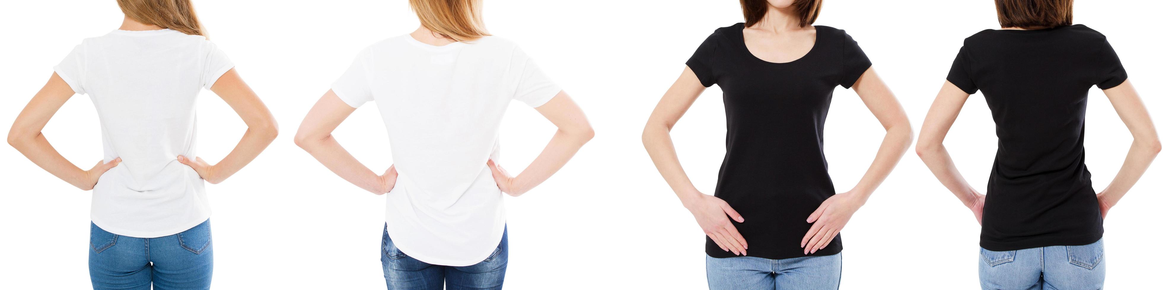 Woman In White And Black T Shirt Isolated Front And Rear Views Cropped image Blank T-shirt Options, Girl In Tshirt Set. Mock Up. Shirt Design And People Concept. photo