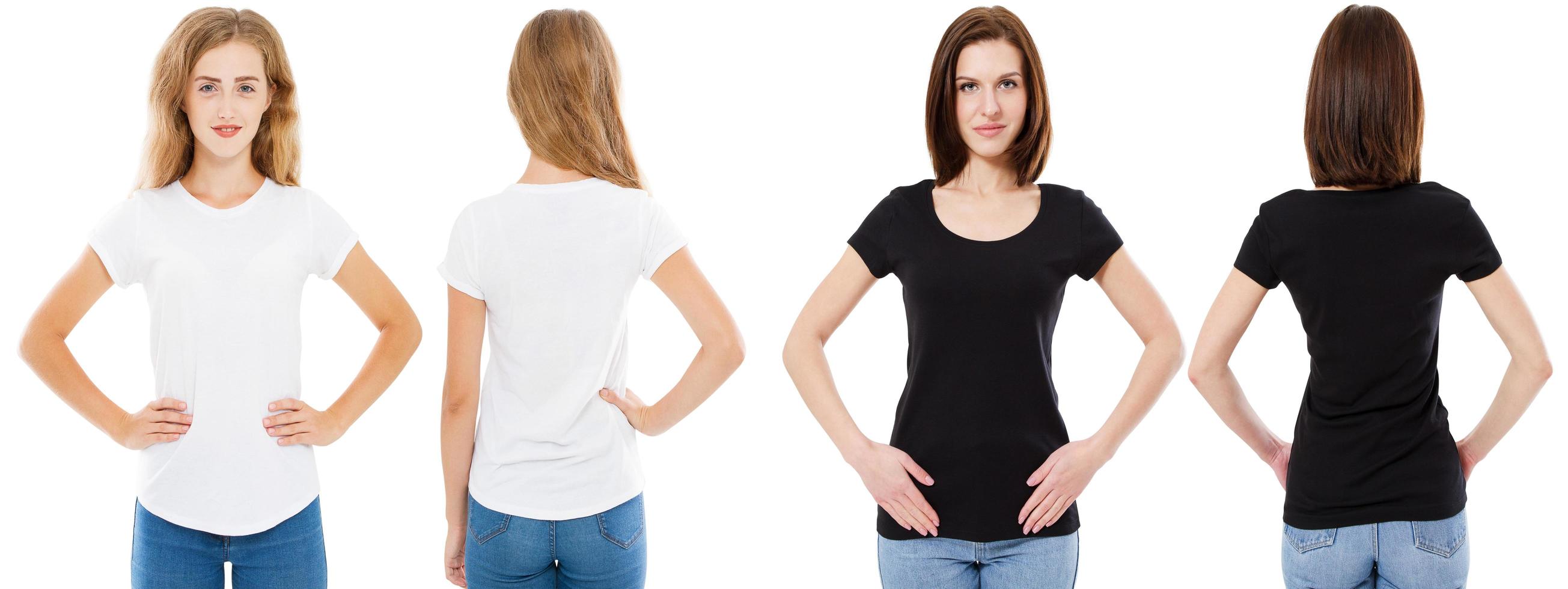 T-shirt set. Front and back view Brunette and Blonde in white and black t shirt isolated. Two girl in blank shirt, Mock up, Collage, Copy space, Template photo