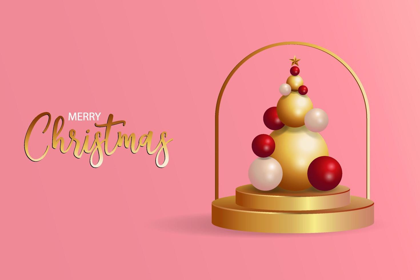 merry christmas background with golden podium and abstract tree christmas shape with color gold, red, and white. vector design