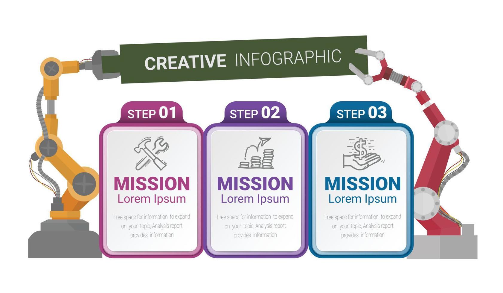 Automated, Robotic, Arm, Technology Solid Icon Infographics 3 Steps vector