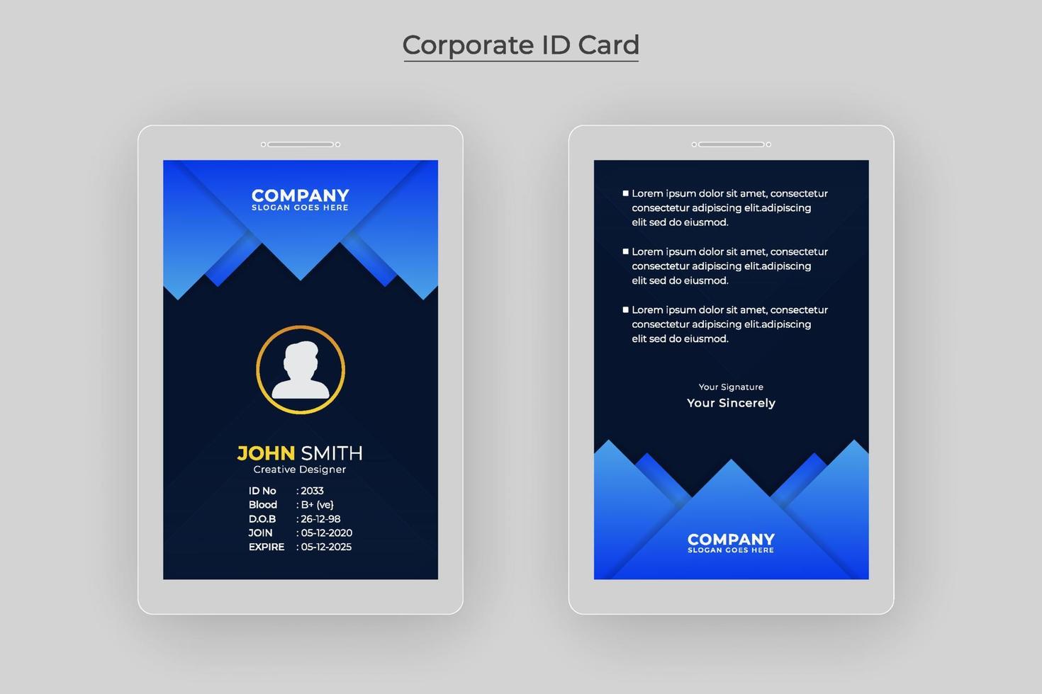 diseño de tarjeta de identificación de personal de oficina moderno y creativo para descarga profesional de empleados vector