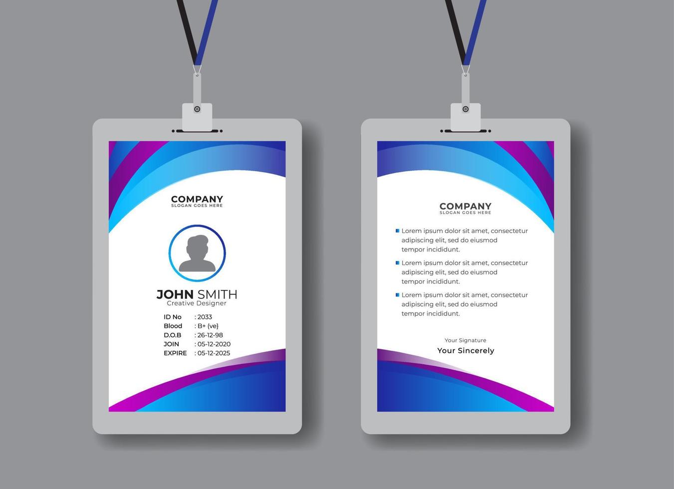 diseño de tarjeta de identificación de personal de oficina moderno y creativo para descarga profesional de empleados vector